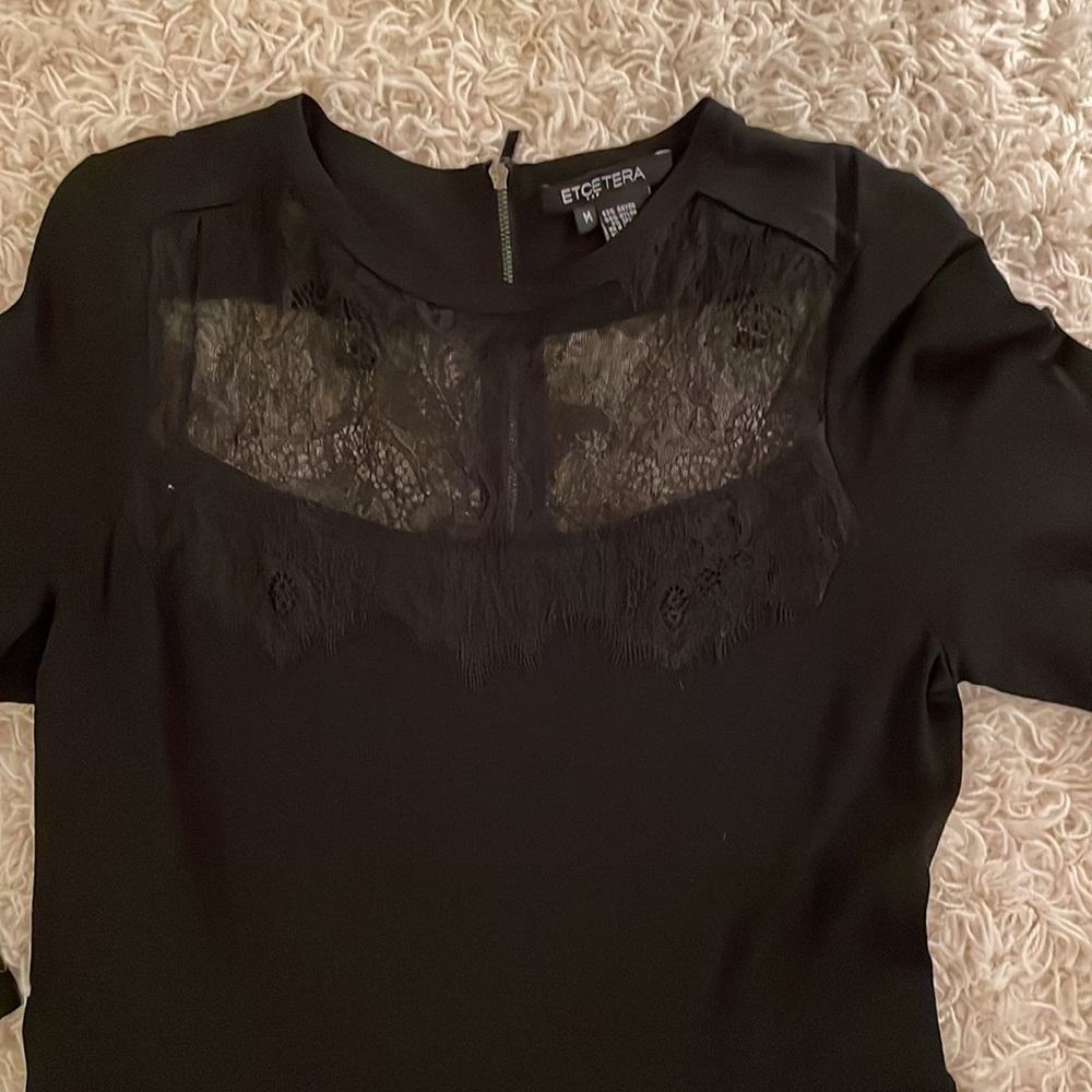 Etcetera Black A-line dress, size M. Lace detailing front & back, zipper closure
